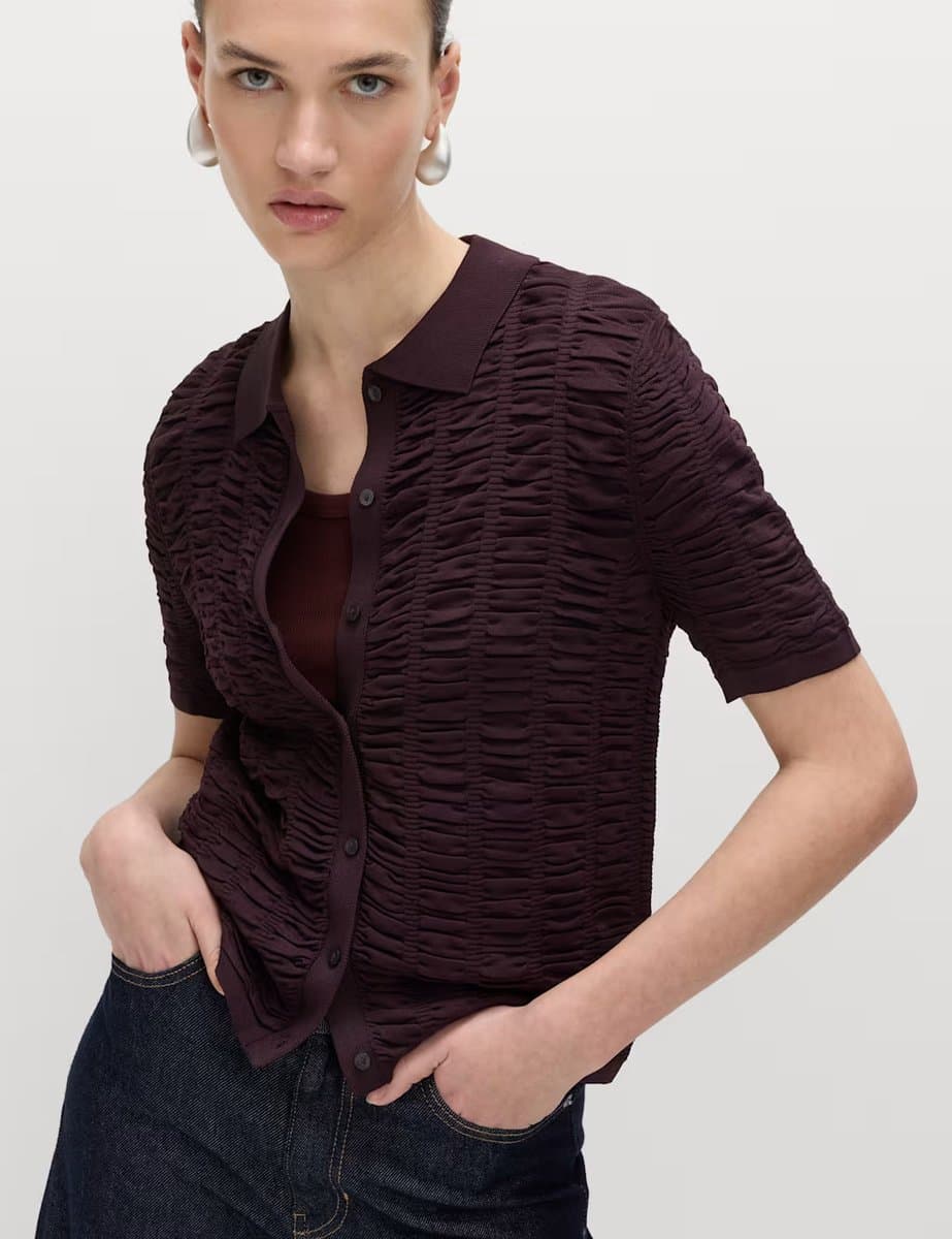 Marks & Spencer M&S Textured Collared Fitted Cardigan Raisin