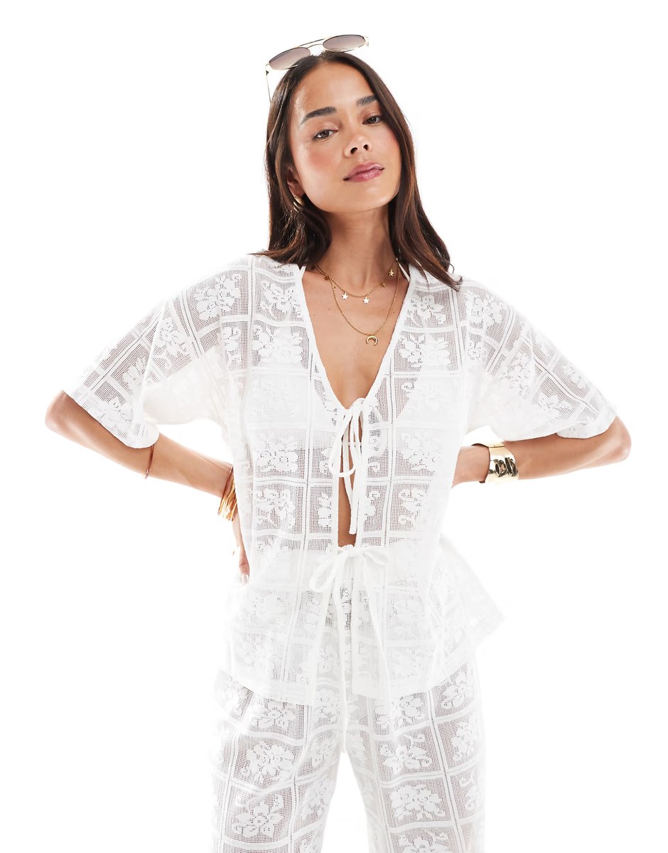 ASOS 4th & Reckless beach crochet lace tie front top co-ord in white - 1