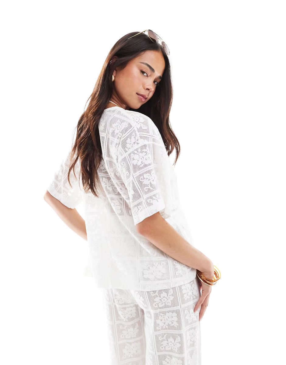 ASOS 4th & Reckless beach crochet lace tie front top co-ord in white - 4