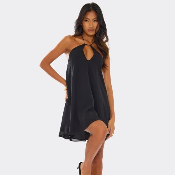 EGO Strappy Floaty Mini Dress In Black, Women's Size UK Large L
