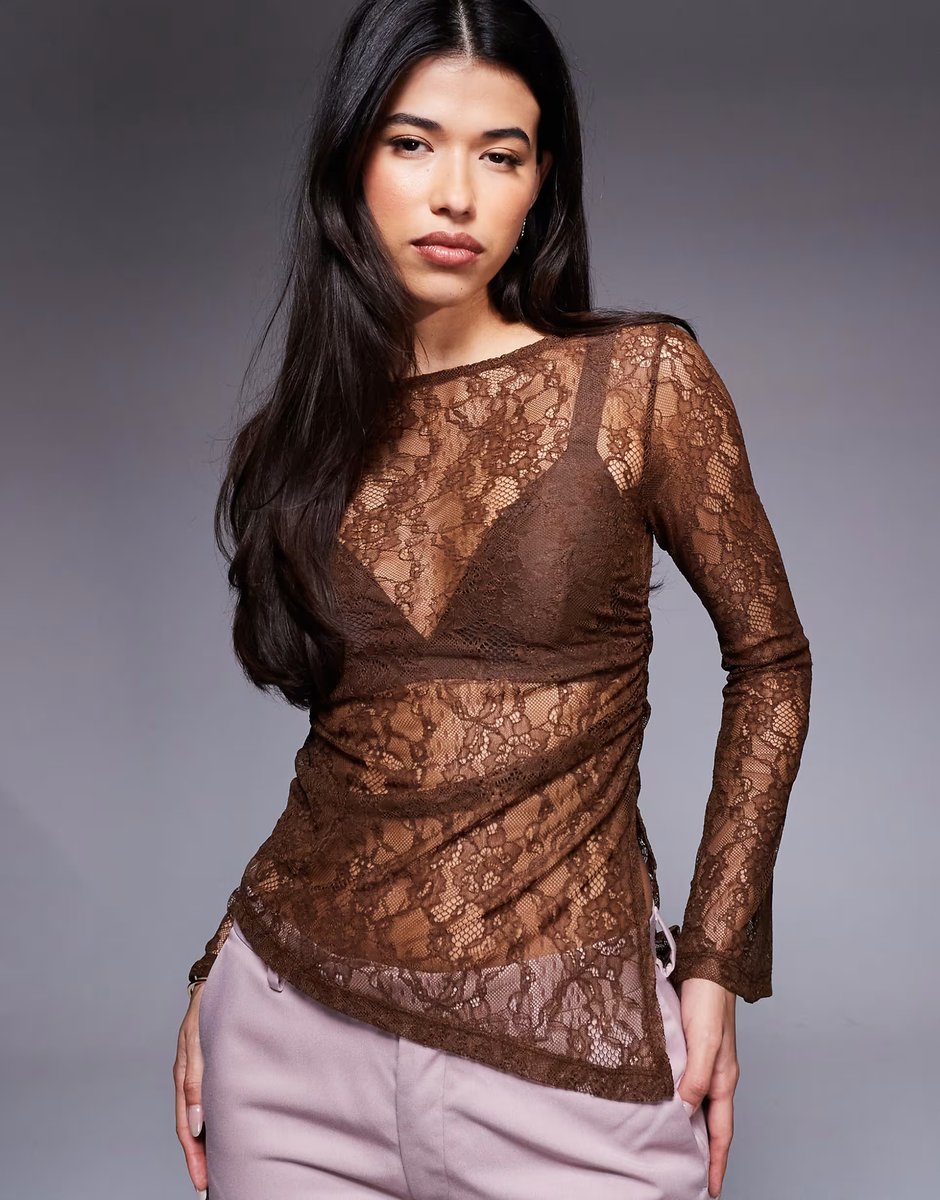 ASOS ASOS DESIGN gathered side lace asymmetric detail top in chocolate - 1
