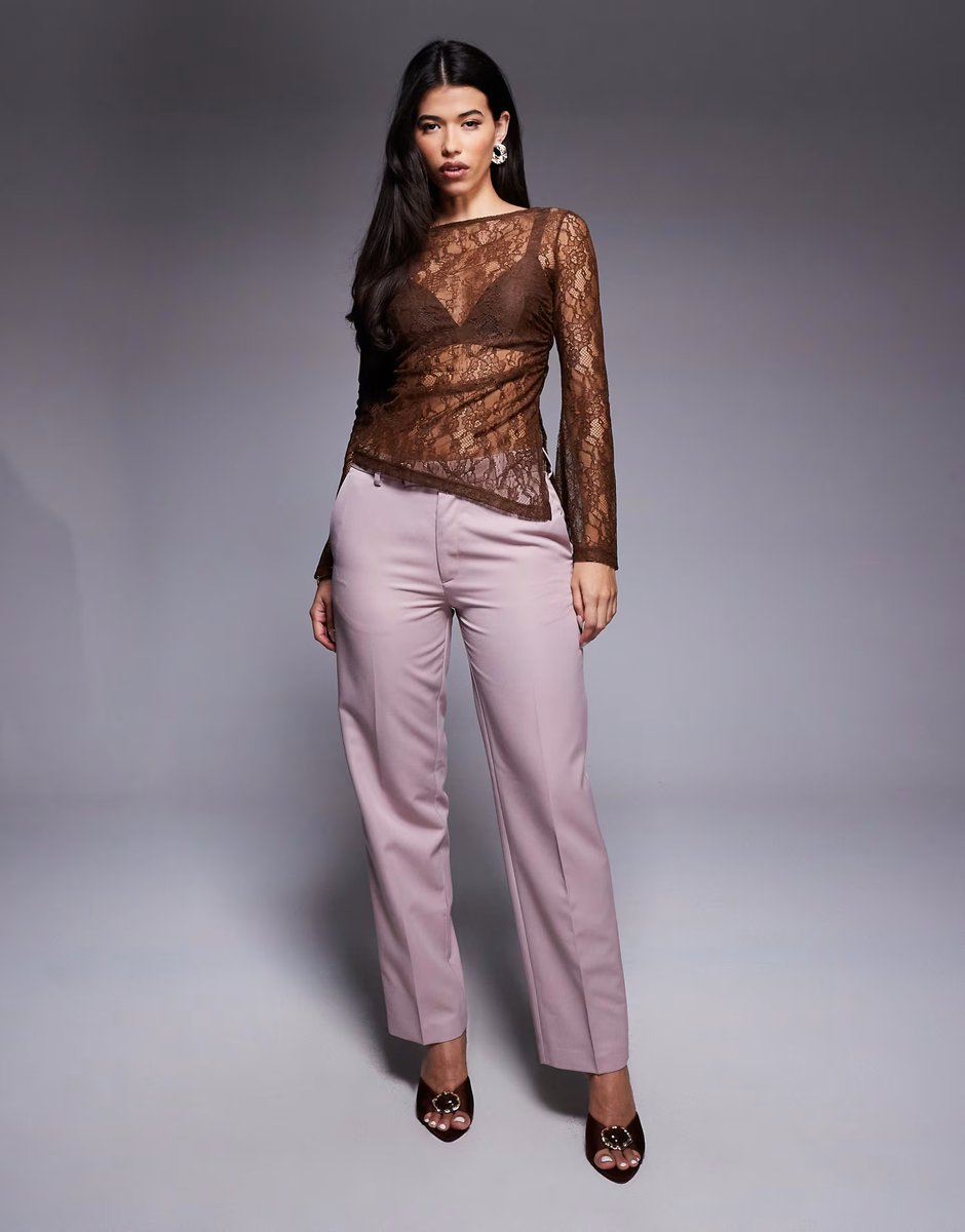 ASOS ASOS DESIGN gathered side lace asymmetric detail top in chocolate - 2