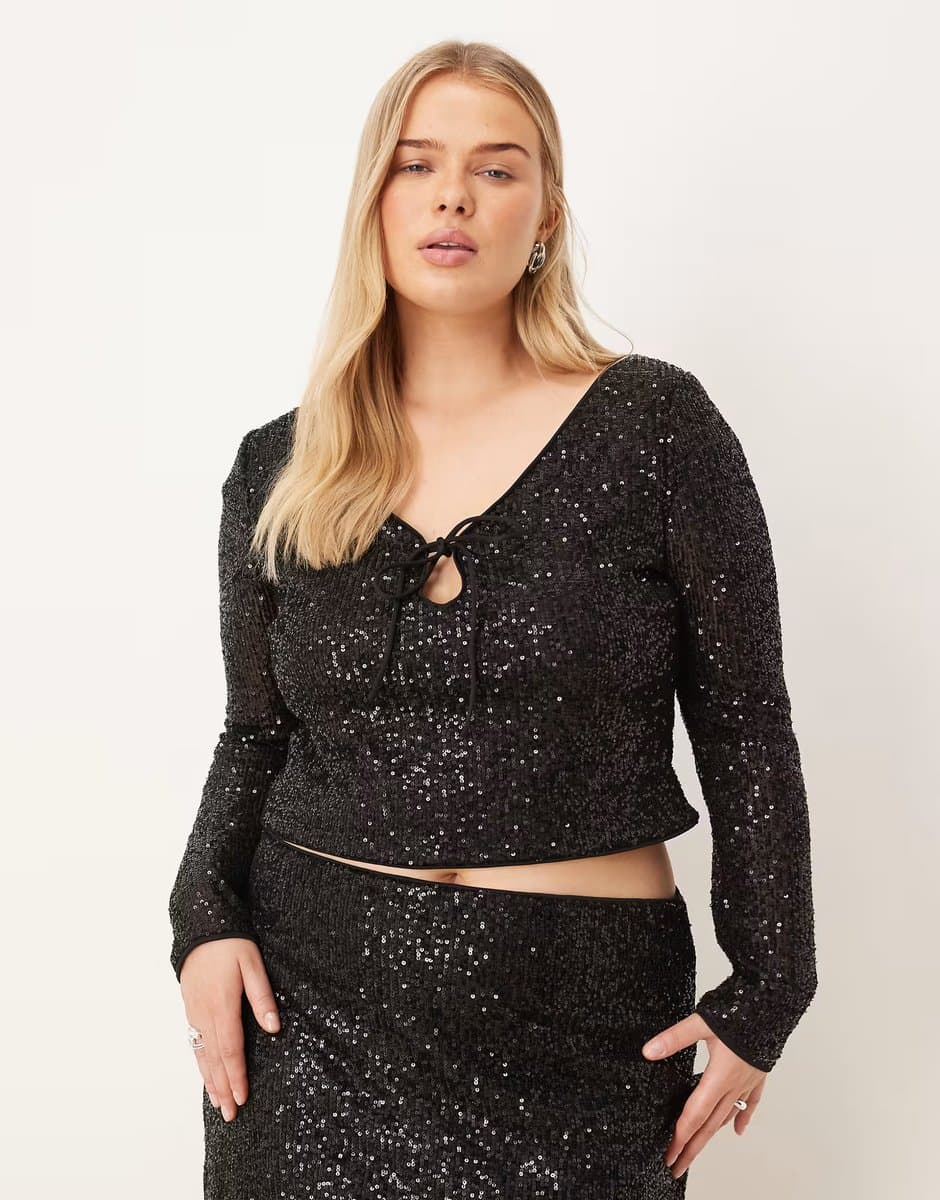 ASOS ASOS DESIGN Curve allover sequin keyhole long sleeve top in black