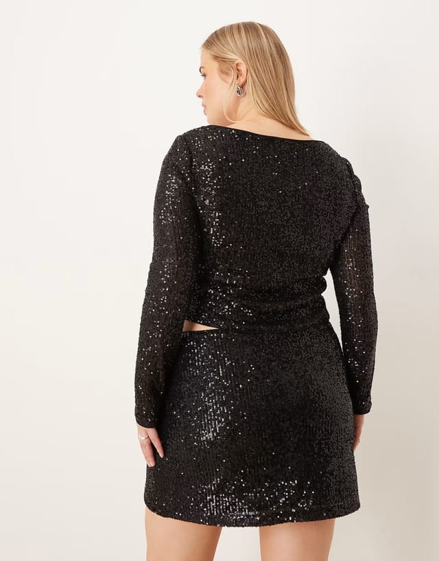 ASOS ASOS DESIGN Curve allover sequin keyhole long sleeve top in black - 3