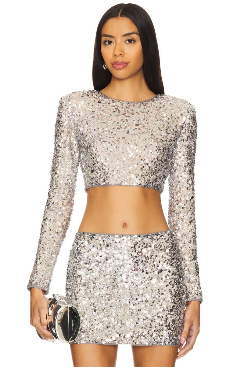 revolve Revolve Crystal Sequin Cropped Top in Disco Silver
