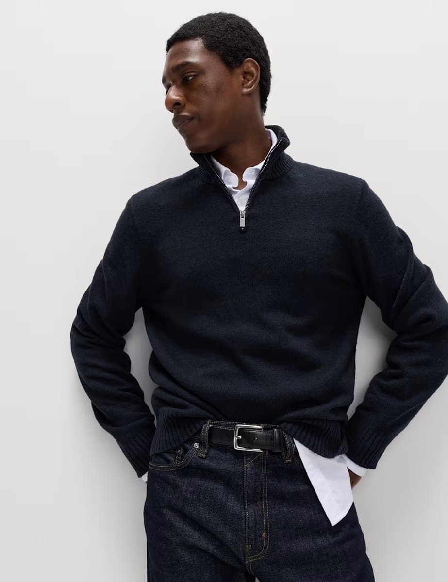 Marks & Spencer M&S Lambswool Blend Half Zip Jumper Dark Navy