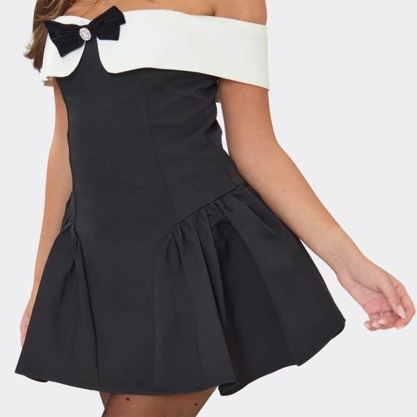 EGO Contrast Bardot Bow Trim Detail Pleated Hem Mini Dress In Black, Women's Size UK 10 - 2
