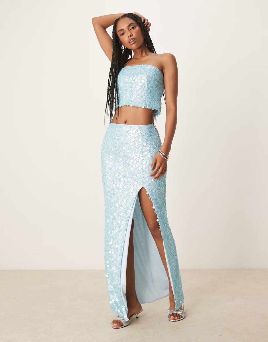 ASOS Amy Lynn disc sequin maxi skirt co-ord in aqua blue - 1