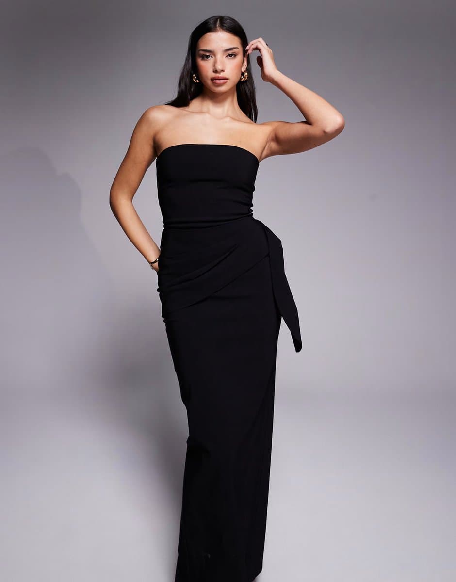 ASOS Vesper Black Bengaline Bandeau Draped Front Maxi Dress