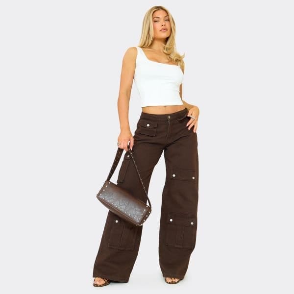EGO Low Rise Popper Cargo Detail Wide Leg Jeans In Chocolate Brown Denim, Women's Size UK 6 - 1