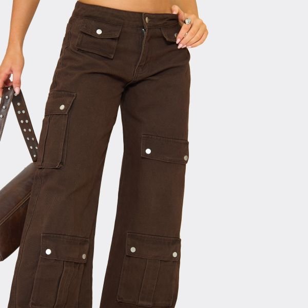 EGO Low Rise Popper Cargo Detail Wide Leg Jeans In Chocolate Brown Denim, Women's Size UK 6 - 2