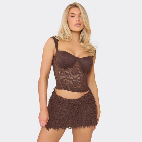 EGO Cap Sleeve Corset Top In Chocolate Brown Lace, Women's Size UK 6 - 1