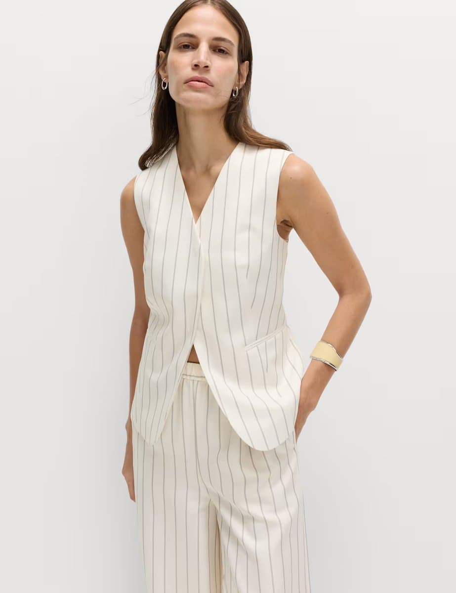 Marks & Spencer M&S Striped V-Neck Longline Waistcoat Ivory Mix