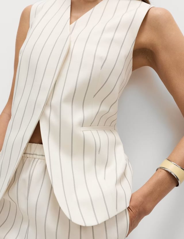 Marks & Spencer M&S Striped V-Neck Longline Waistcoat Ivory Mix - 3