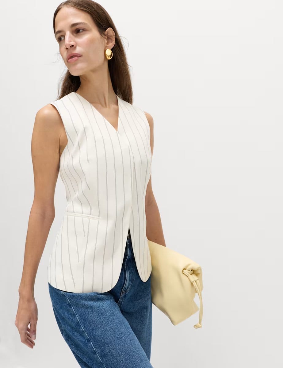 Marks & Spencer M&S Striped V-Neck Longline Waistcoat Ivory Mix - 4