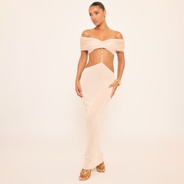 EGO Bardot Beaded Trim Detail Cut Out Maxi Dress In Champagne, Women's Size UK 14