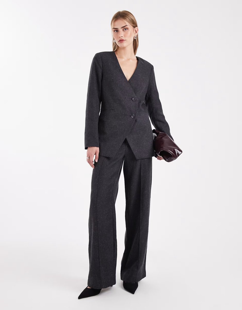 ASOS Object asymmetric detail tailored blazer and wide leg trouser set in dark grey melange - 2