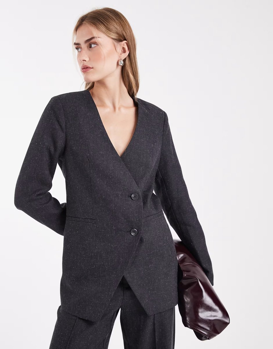 ASOS Object asymmetric detail tailored blazer and wide leg trouser set in dark grey melange - 3