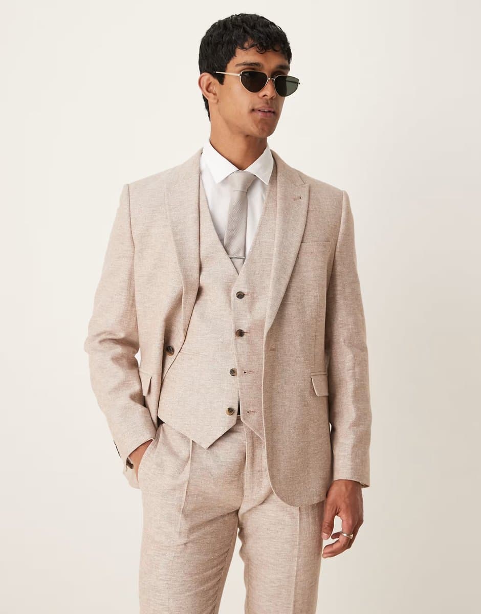 ASOS ASOS DESIGN linen cotton blend slim suit jacket in brown herringbone