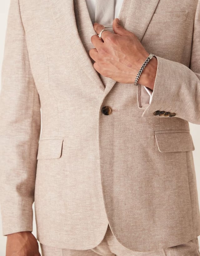 ASOS ASOS DESIGN linen cotton blend slim suit jacket in brown herringbone - 3