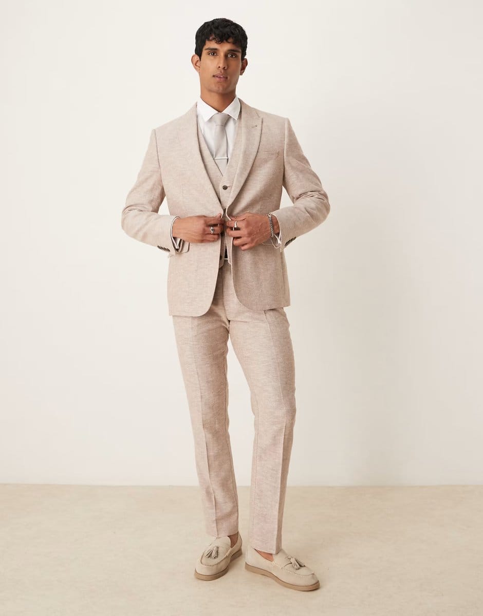 ASOS ASOS DESIGN linen cotton blend slim suit jacket in brown herringbone - 4