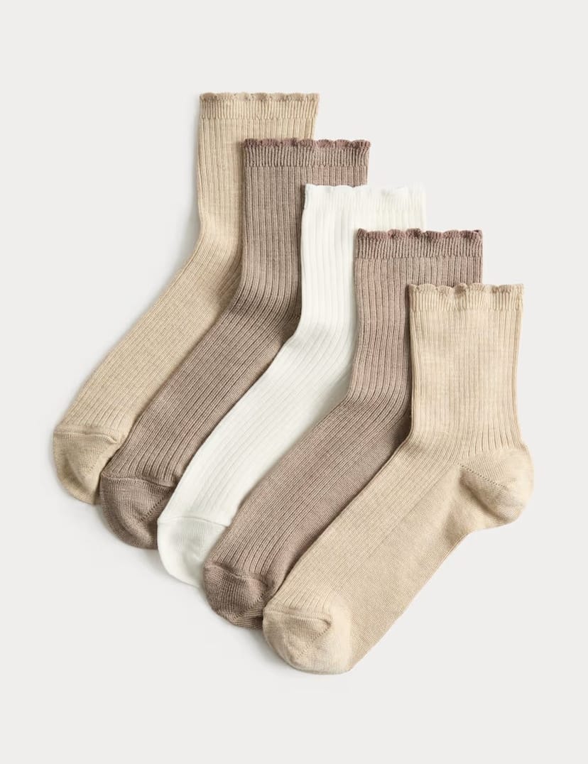 Marks & Spencer M&S 5 Pack Supersoft Ribbed Quarter Socks Natural Mix - 1
