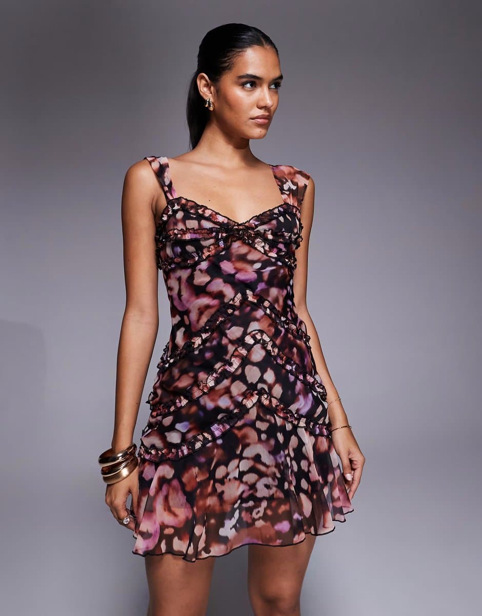 ASOS ASOS DESIGN chiffon micro ruffle detail cami mini dress with godet skirt in abstract pink animal print