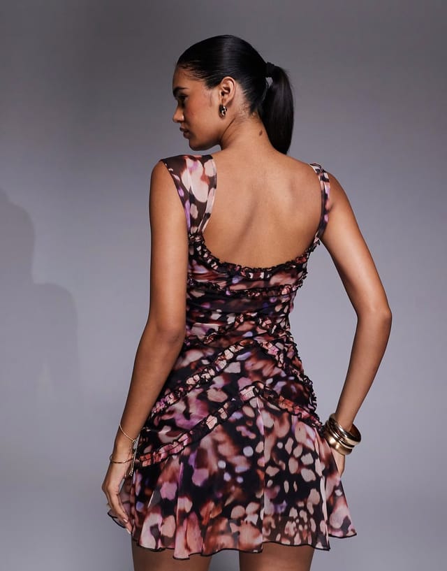 ASOS ASOS DESIGN chiffon micro ruffle detail cami mini dress with godet skirt in abstract pink animal print - 3