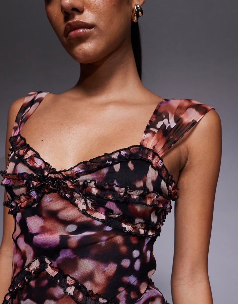 ASOS ASOS DESIGN chiffon micro ruffle detail cami mini dress with godet skirt in abstract pink animal print - 4
