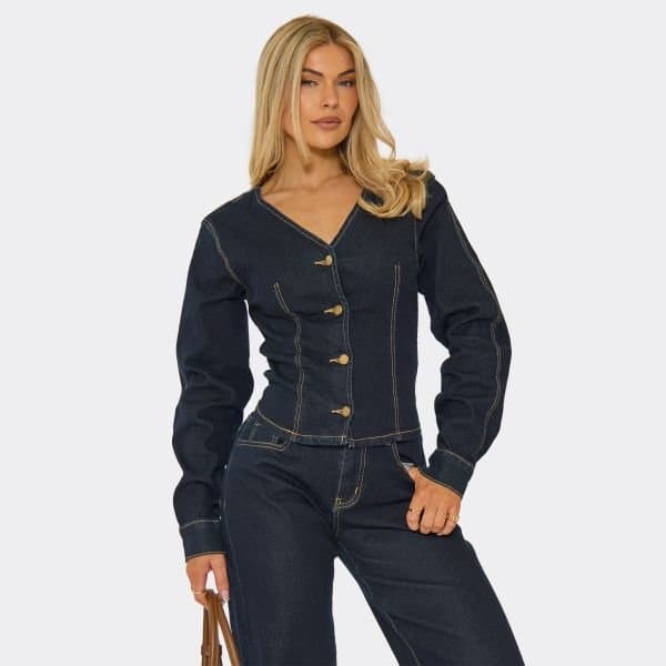 EGO V Neck Button Down Seam Detail Fitted Jacket In Dark Indigo Denim, Women's Size UK 6