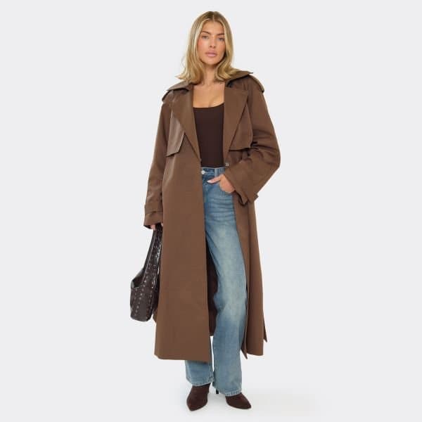 EGO TIE WAIST MAXI TRENCH COAT IN BROWN, Women's Size UK 6