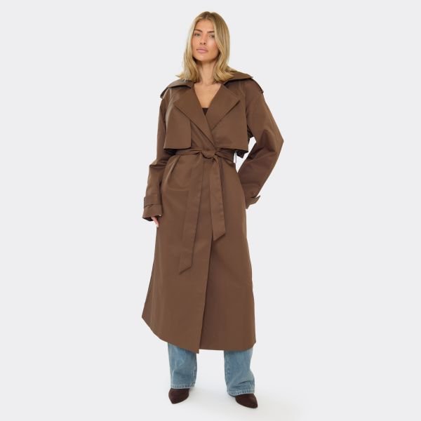 EGO TIE WAIST MAXI TRENCH COAT IN BROWN, Women's Size UK 6 - 2