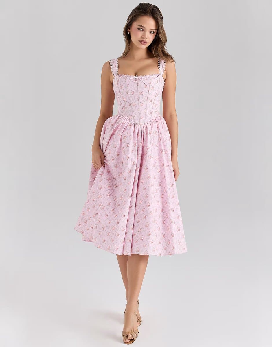 ASOS House of CB Amara stretch cotton corset midi dress in pink rose print