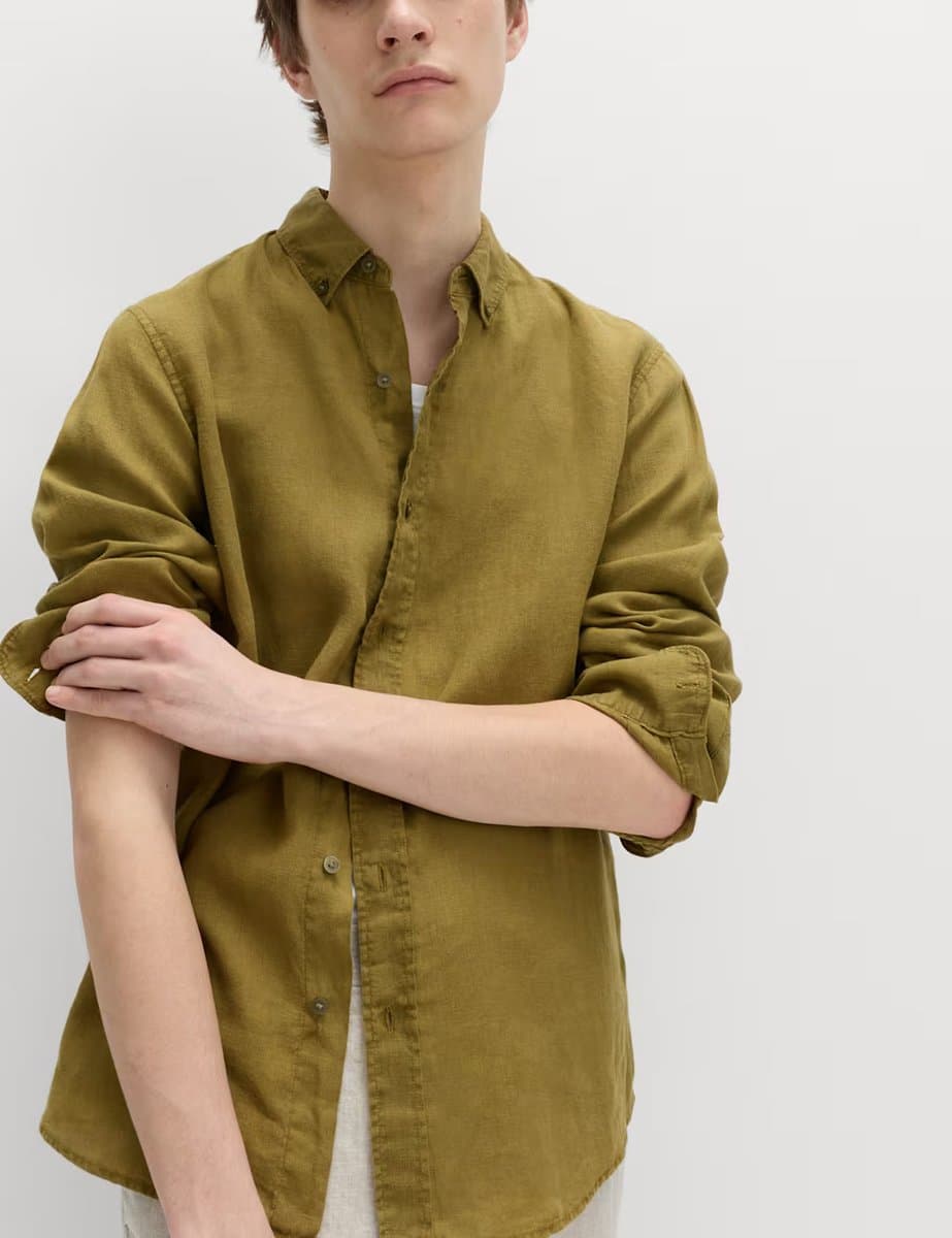 Marks & Spencer M&S Pure Linen Garment Dye Shirt Olive