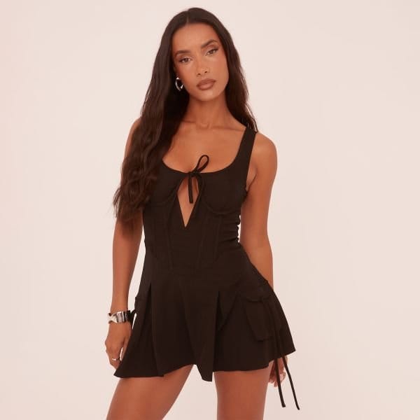 EGO Scoop Neck Underwired Tie Front Pleated Cargo Mini Dress In Black Woven, Women's Size UK 4 - 1