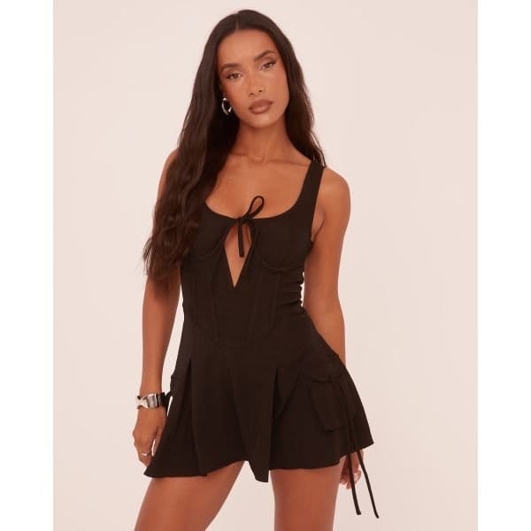 EGO Scoop Neck Underwired Tie Front Pleated Cargo Mini Dress In Black Woven, Women's Size UK 4 - 2
