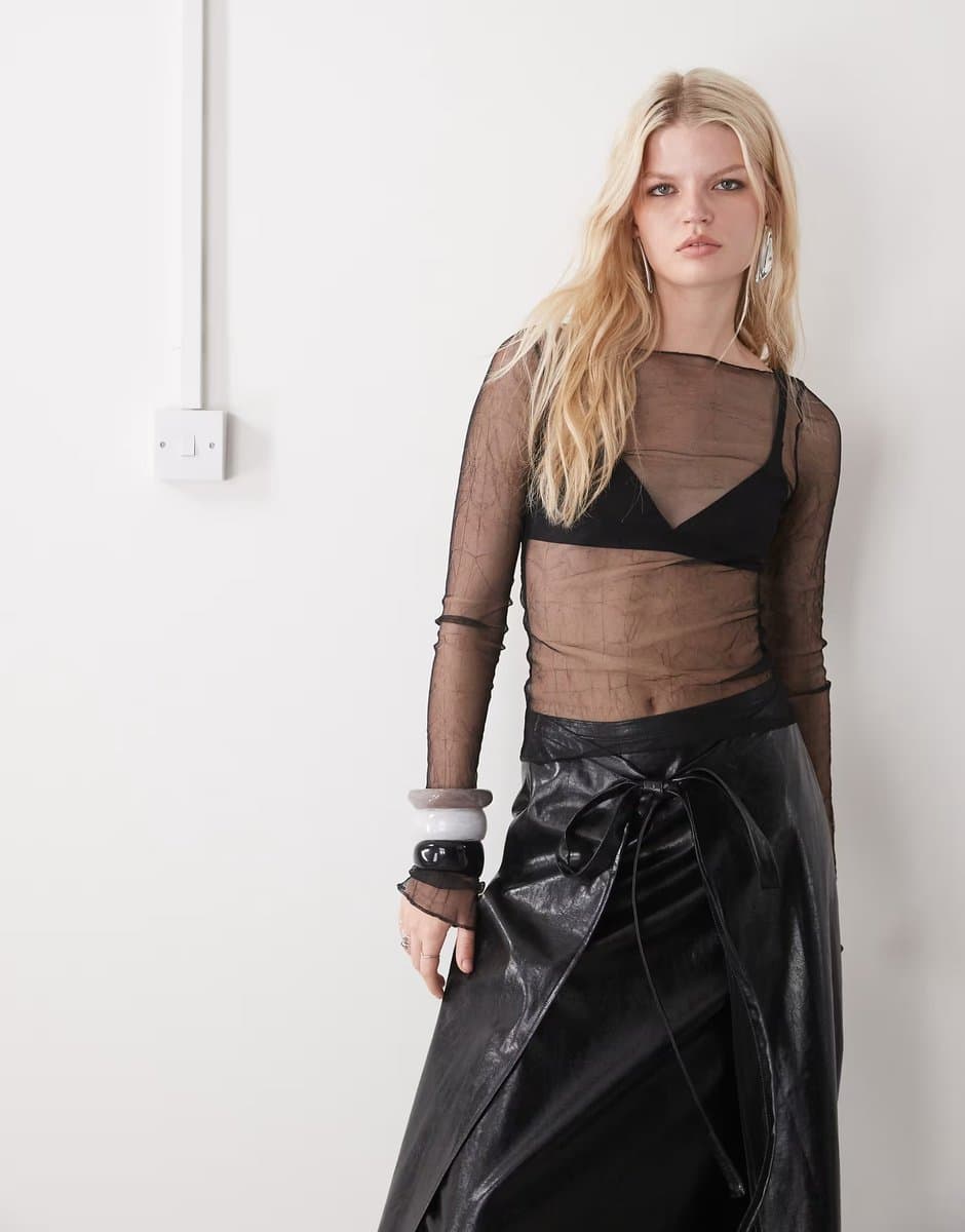 ASOS Weekday sheer mesh slash neck long sleeve top in black