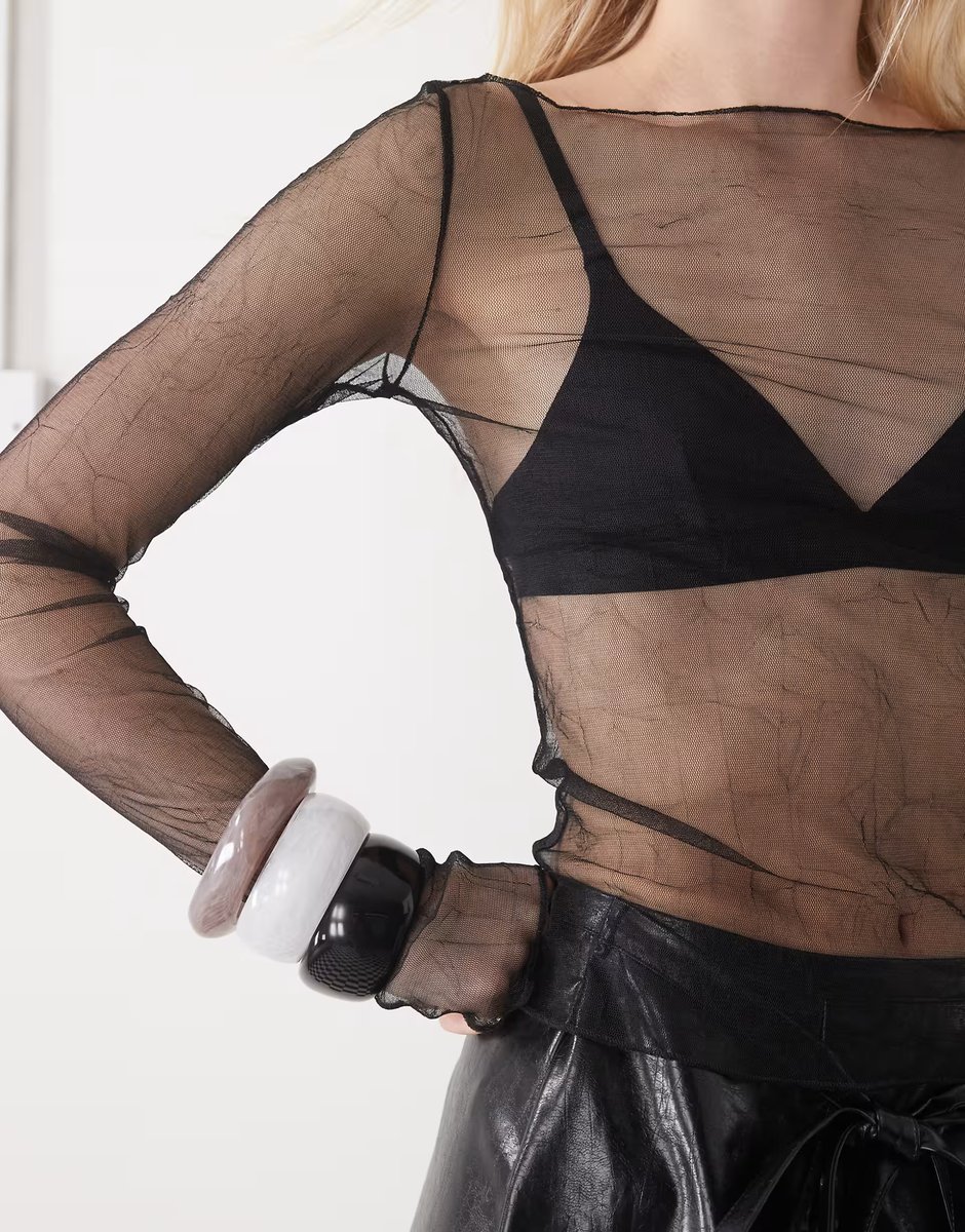 ASOS Weekday sheer mesh slash neck long sleeve top in black - 2