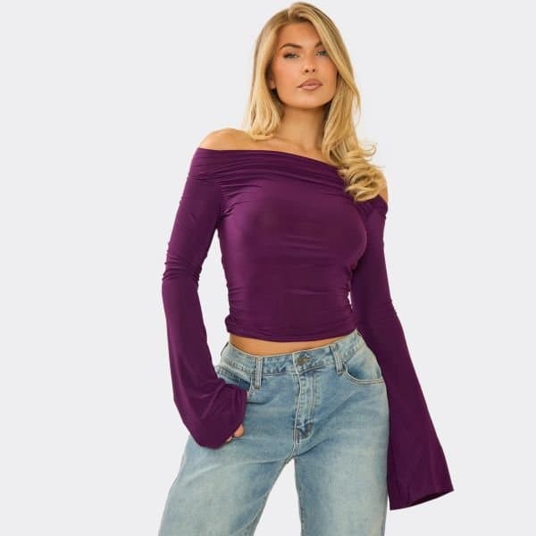 EGO Bardot Flared Sleeve Top In Plum Slinky, Women's Size UK 6