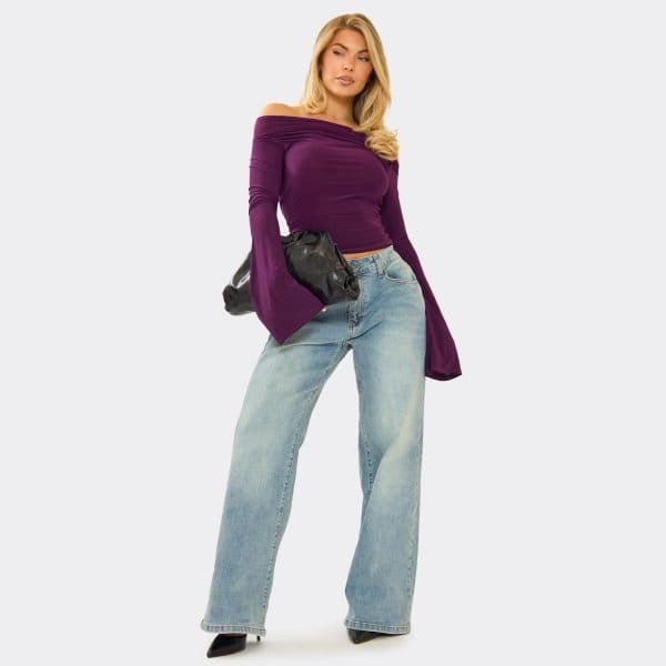 EGO Bardot Flared Sleeve Top In Plum Slinky, Women's Size UK 6 - 2