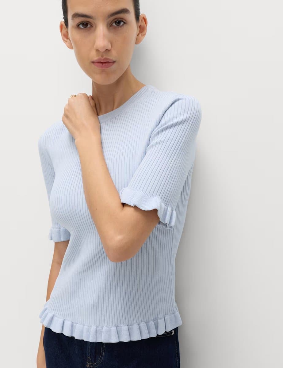 Marks & Spencer M&S Ribbed Frill Detail Knitted Top Faded Blue