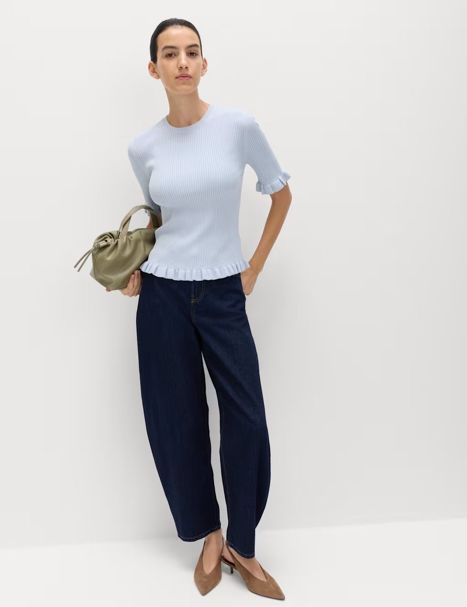 Marks & Spencer M&S Ribbed Frill Detail Knitted Top Faded Blue - 2