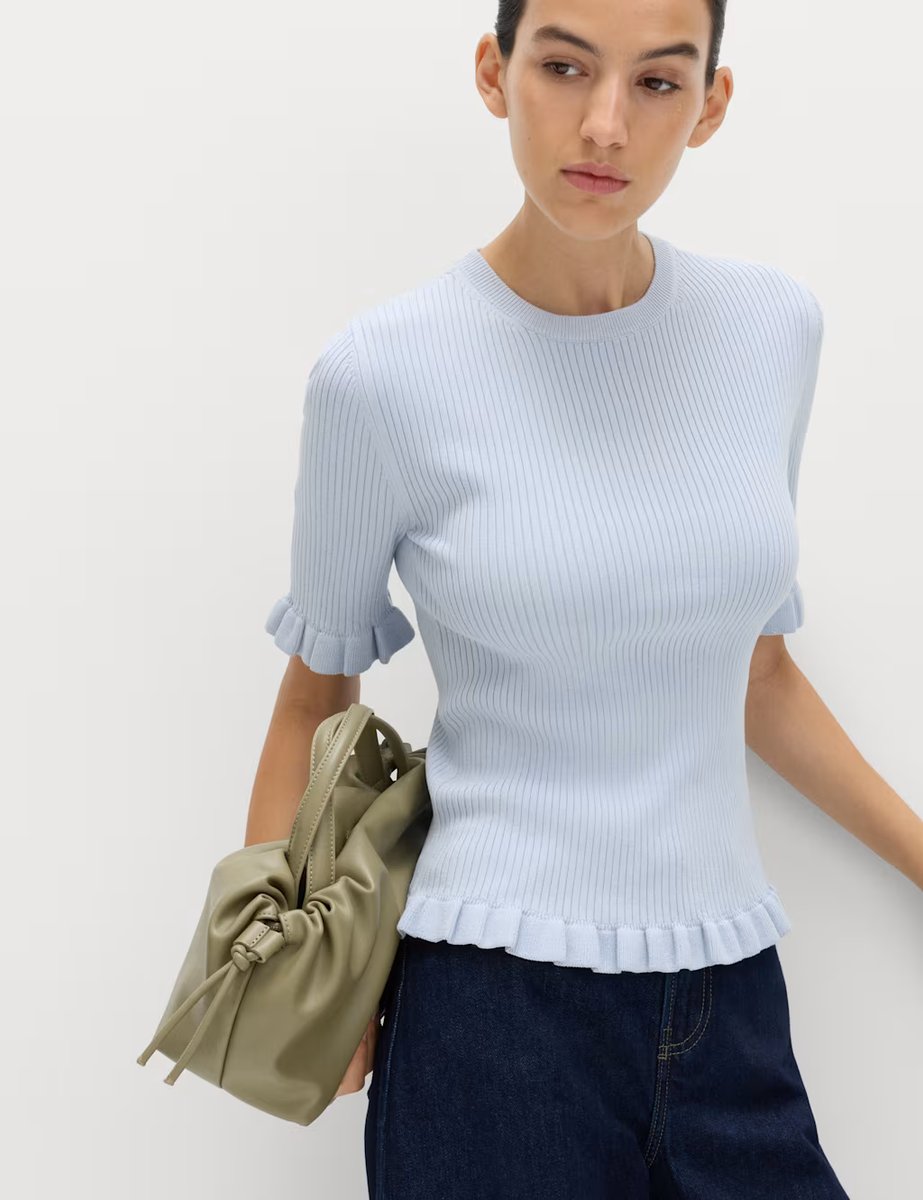 Marks & Spencer M&S Ribbed Frill Detail Knitted Top Faded Blue - 4
