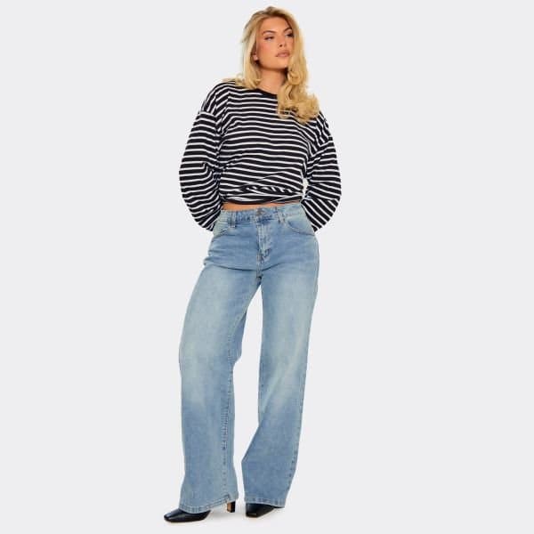 EGO Low Rise Wide Leg Fit Jeans In Blue Wash Denim, Women's Size UK 6