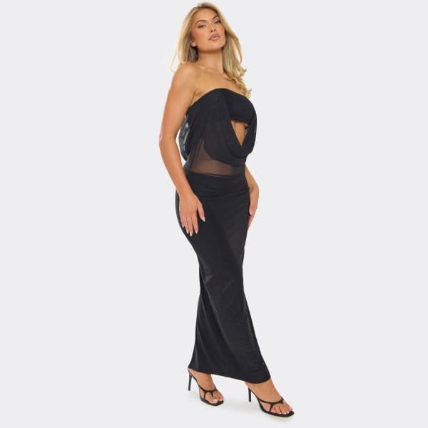 EGO Bandeau Bralet Cowl Mesh Detail Maxi Dress In Black, Women's Size UK 6 - 2