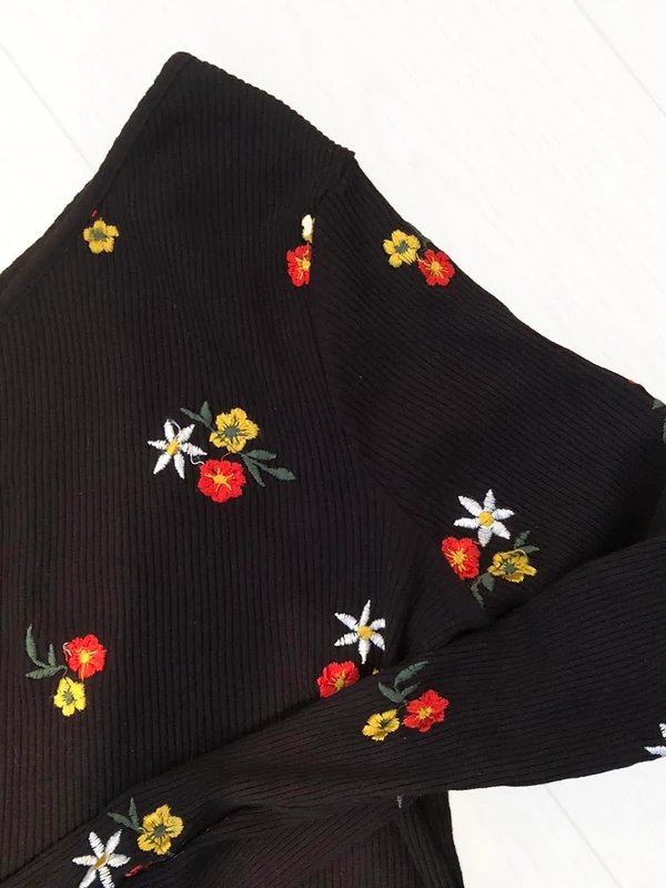 ASOS NEW black floral embroidery ribbed one sleeve top size 10 - 2