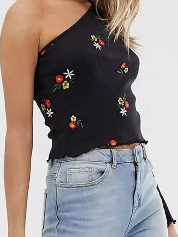 ASOS NEW black floral embroidery ribbed one sleeve top size 10 - 3
