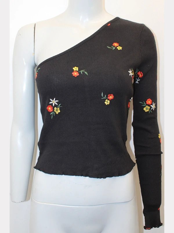ASOS NEW black floral embroidery ribbed one sleeve top size 10 - 4