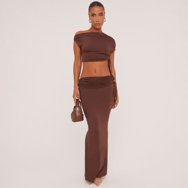 EGO Ruched Detail Asymmetric One Shoulder Crop Top And Low Rise Maxi Skirt Co-Ord Set In Brown Slinky, Women's Size UK Large L