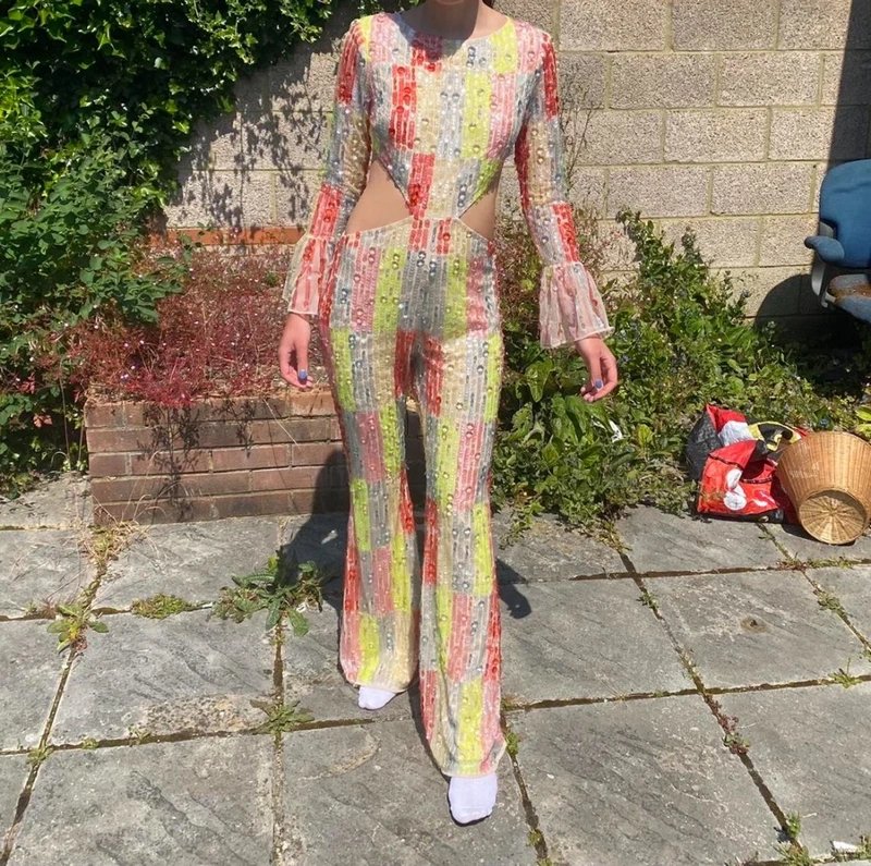 ASOS Asos Luxe rainbow embellished cut out jumpsuit in multi - 3